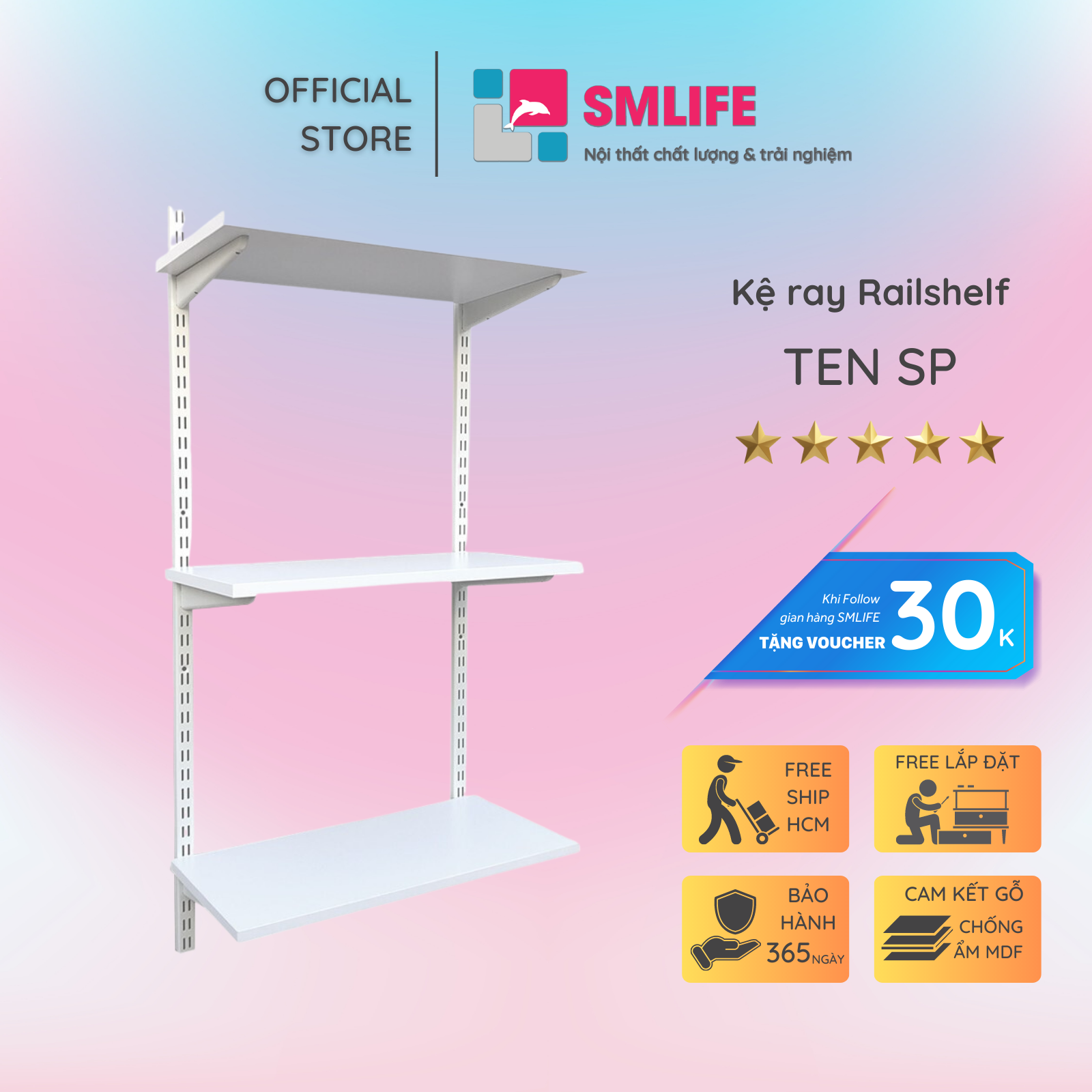 Kệ Ray Tường SMLIFE Railshelf 3 Tầng H120cm - Kệ Sách Treo Tường Tùy Biến Kích Thước &amp; Vị Trí Hiện Đại Cho Căn Hộ Nhỏ