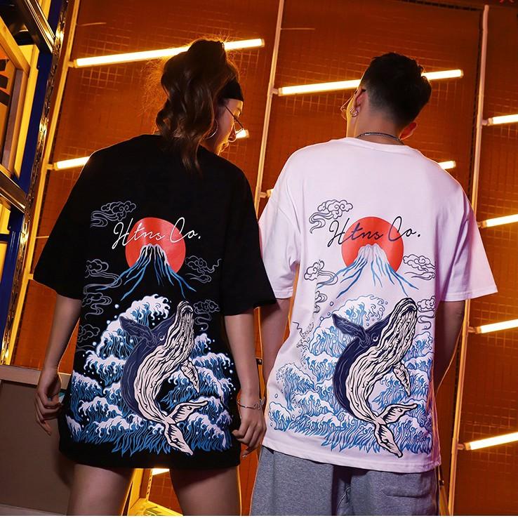 Áo thun Unisex Nam Nữ Cá Voi sóng biển Hiphop