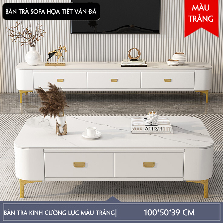 Bàn trà, bàn sofa phòng khách mặt kính cường lực, có hộc để đồ, khung bàn bọc da, chân mạ vàng