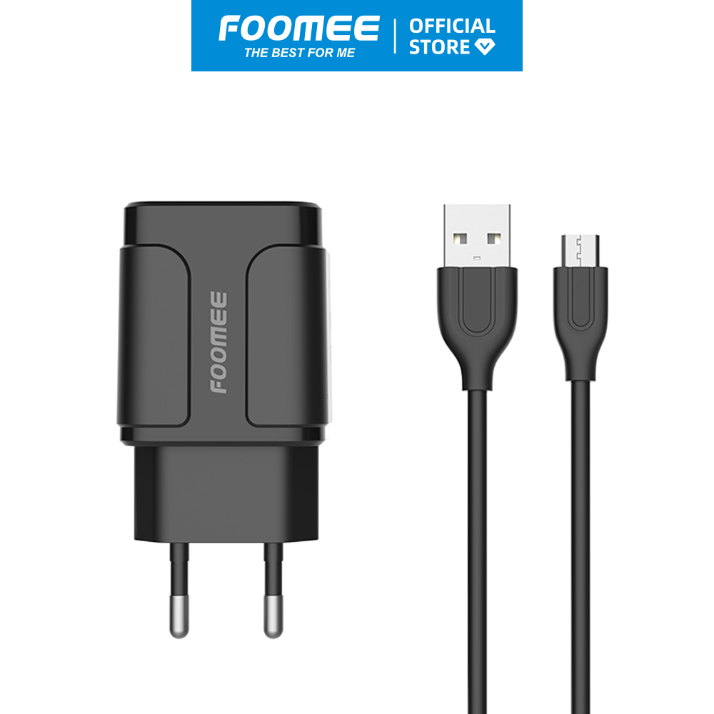 Bộ Củ+Cáp Sạc 2 Cổng USB Micro FOOMEE CC18 - Đen/Trắng - Sạc Nhanh 2.4A 2 Thiết Bị Cùng Lúc - Hàng chính hãng