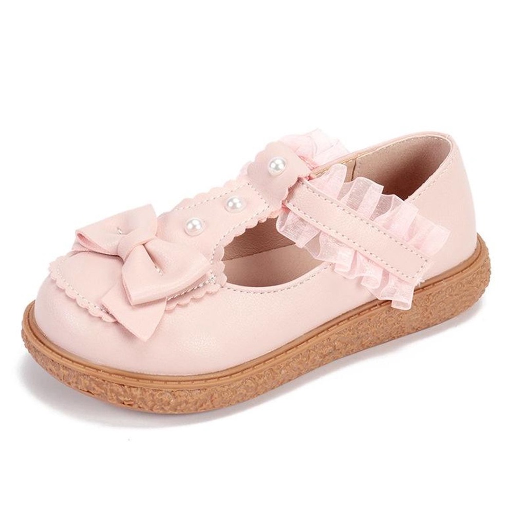 Giày búp bê bé gái quai nơ đính ngọċ viền quai ren phong cách công chúa, Hàn Quốc da mềm cao cấp