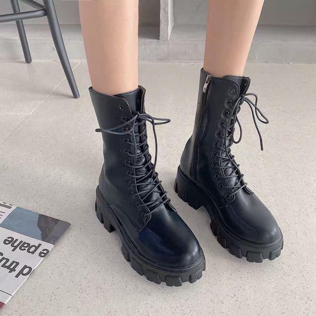 SẴN Giày Bốt Martin cao cổ đế độn, boots cao cổ buộc dây kéo khoá , chất da Pu đẹp mềm ( kèm video + ảnh thật