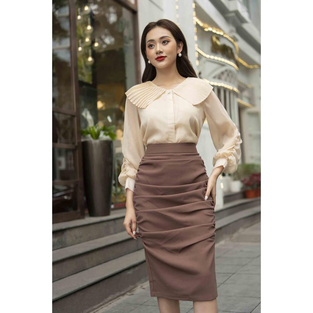 Áo sơ mi công sở cổ dập ly tay rút chất liệu lụa không nhăn, mát, thiết kế lạ mắt
