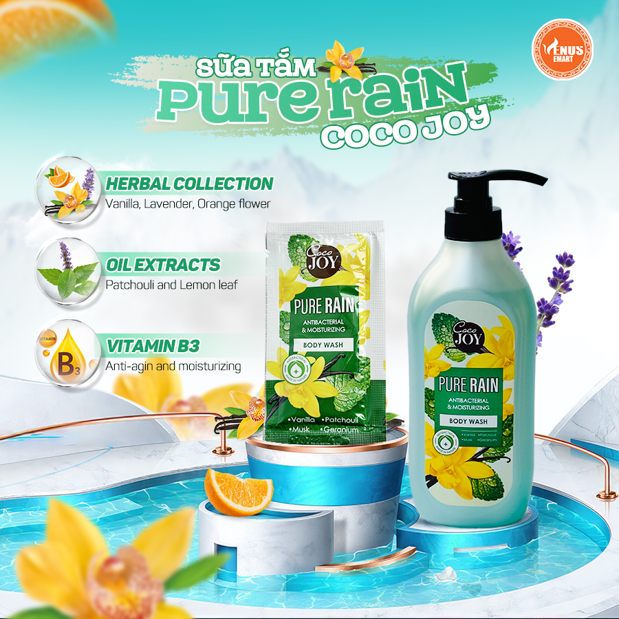 Sữa tắm kháng khuẩn và dưỡng ẩm hương nước hoa Cocojoy Pure Rain chiết xuất hoa lan Vanilla, Lavender, hương cam 6g, 500g, 900g