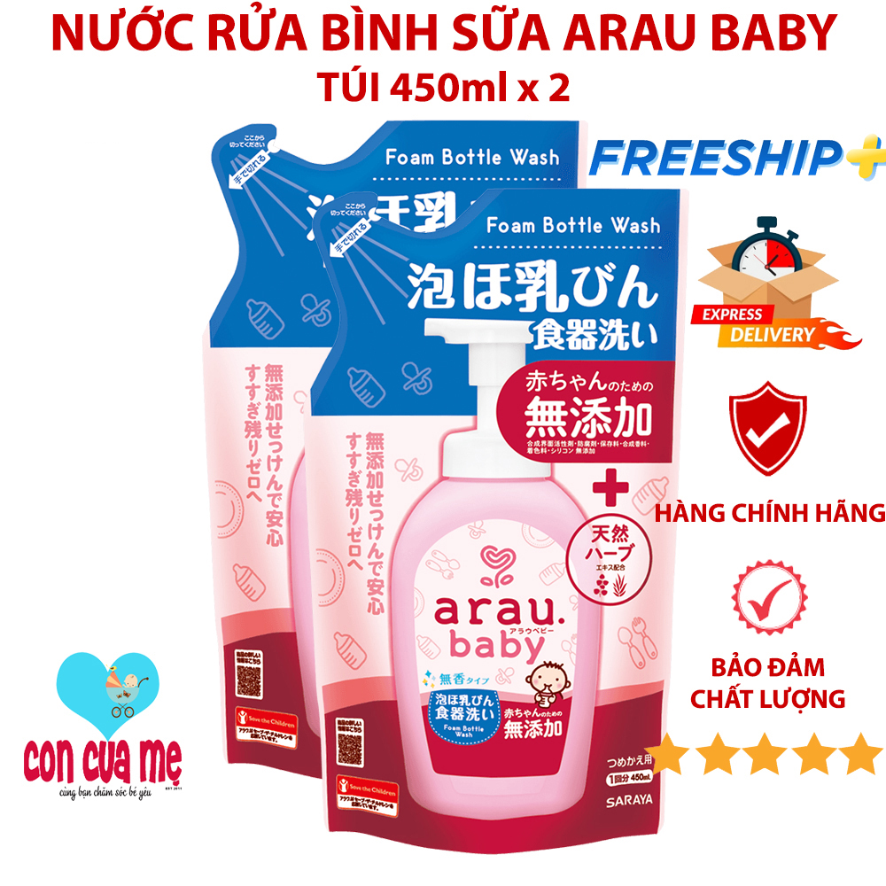 Combo Tiết Kiệm: Nước rửa bình sữa Arau Baby 450 - Mẫu Mới, Hàng Có Tem Phụ Chính Hãng 