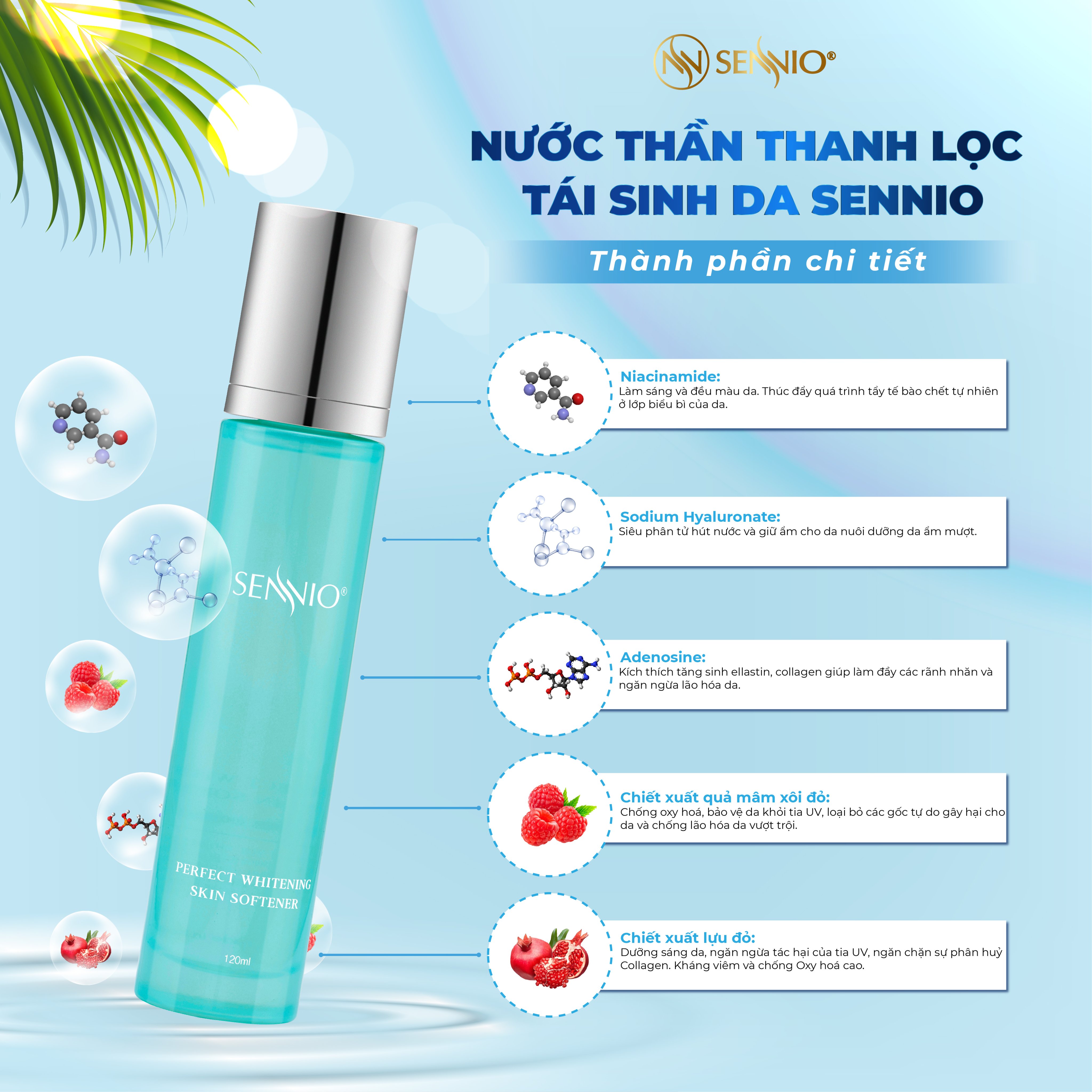 Nước hoa hồng se khít lỗ chân lông SennioPerfect Whitening Skin Softner cấp ẩm tái tạo và phục hồi da 120ml SNO 827