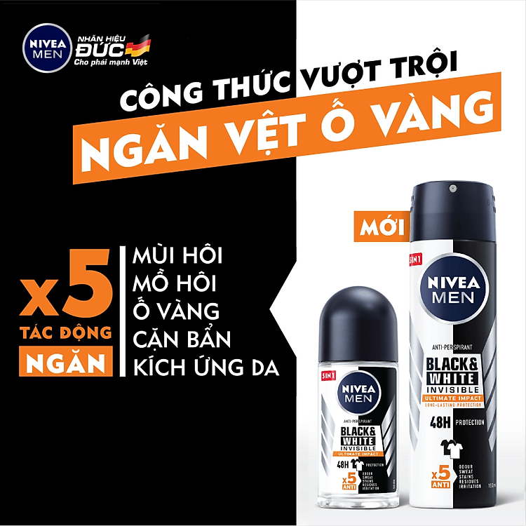 Lăn Ngăn Mùi NIVEA MEN Black&White Ngăn Vệt Ố Vàng Vượt Trội - Hương Mạnh Mẽ (50 ml) - 85392