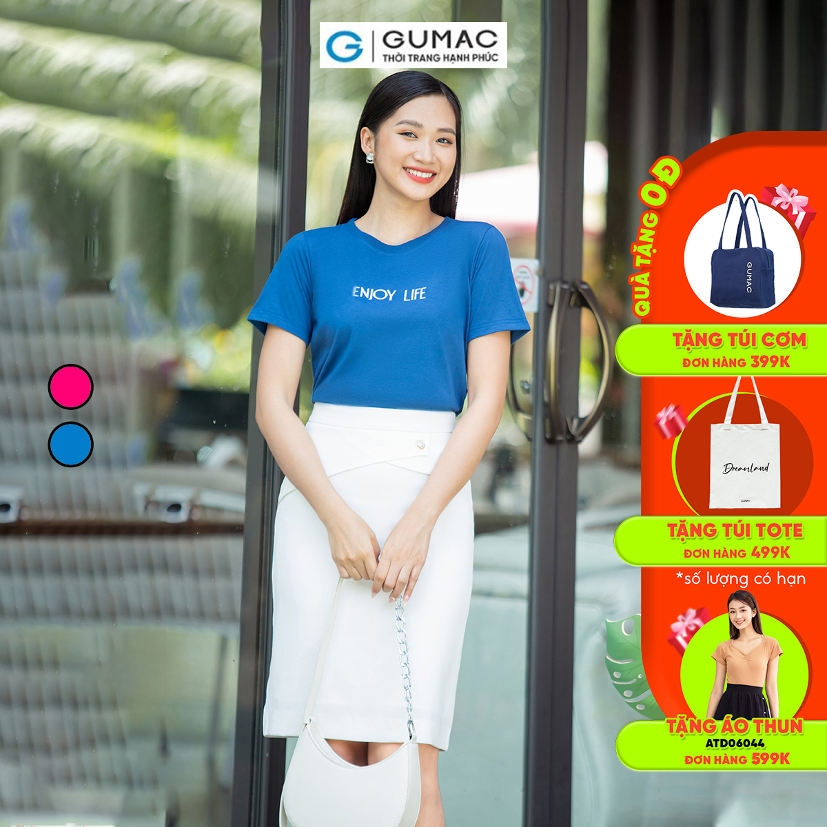 Áo thun nữ cotton tay ngắn cổ tròn thêu chữ trẻ trung năng động thời trang GUMAC ATD07061