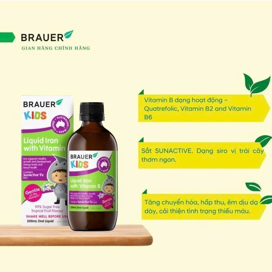 Siro Brauer Liquid Iron with Vitamin B 200ml Hỗ trợ bổ sung Sắt &amp; vitamin B cho trẻ từ 1 tuổi