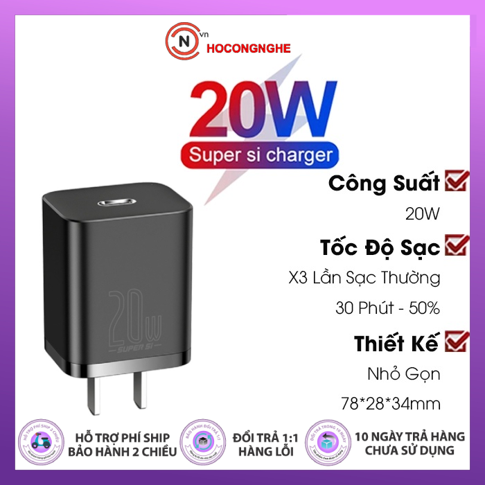 Sạc nhanh 20W cho iPhone và điện thoại Android – Baseus Super Si Quick Charger – Hàng chính hãng – Màu Đen