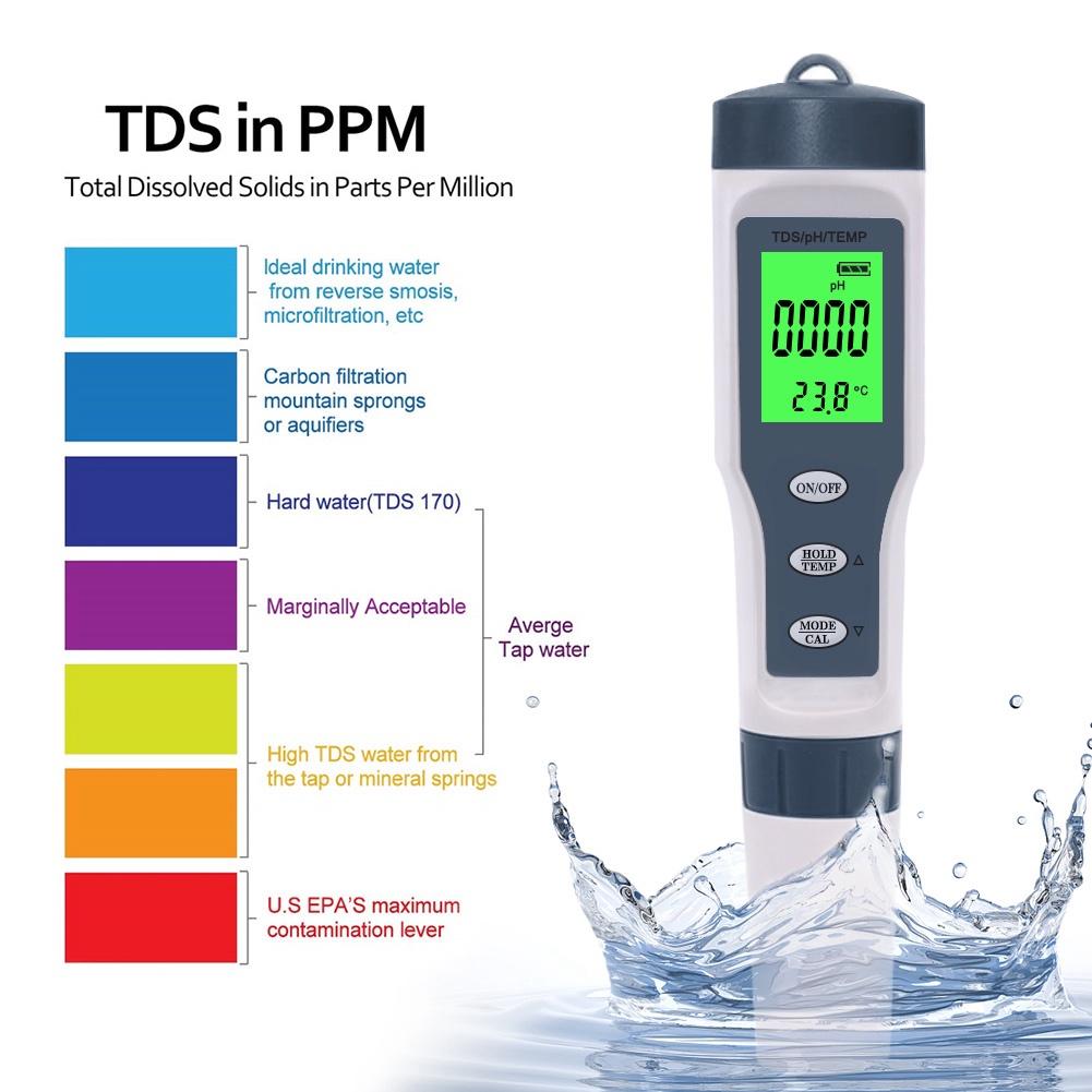 Máy Đo độ sạch 3 Trong 1, Đo độ PH nước và độ TDS nhiệt độ Hồ cá, Nước Uống, thủy canh, thủy sinh