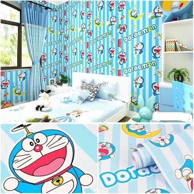 10m giấy dán tường doremon sọc tinh nghịch có sẵn keo khổ 45cm