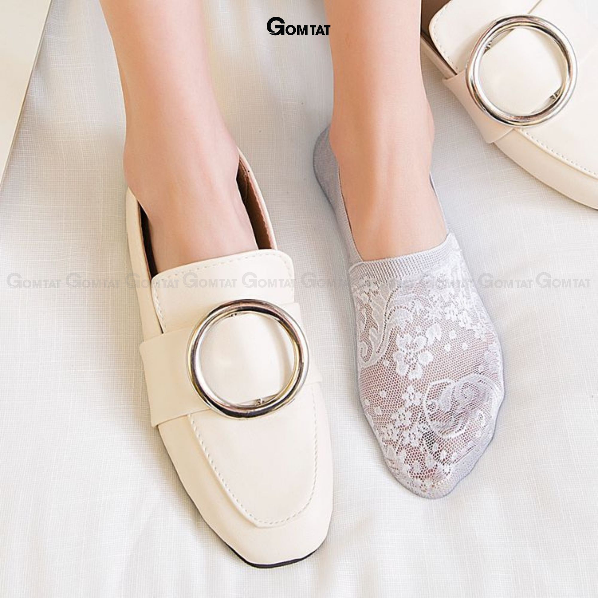 Tất nữ đi giày búp bê có bo thun chống tuột gót, vớ lười nữ chất liệu lụa phối ren cao cấp - LUAREN-PO-3028-1DOI