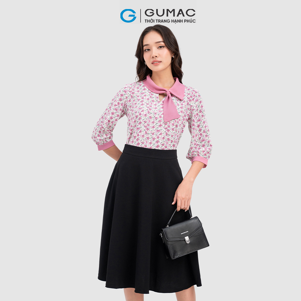 Áo kiểu GUMAC LA1120 cổ nơ họa tiết hoa hồng nữ tính