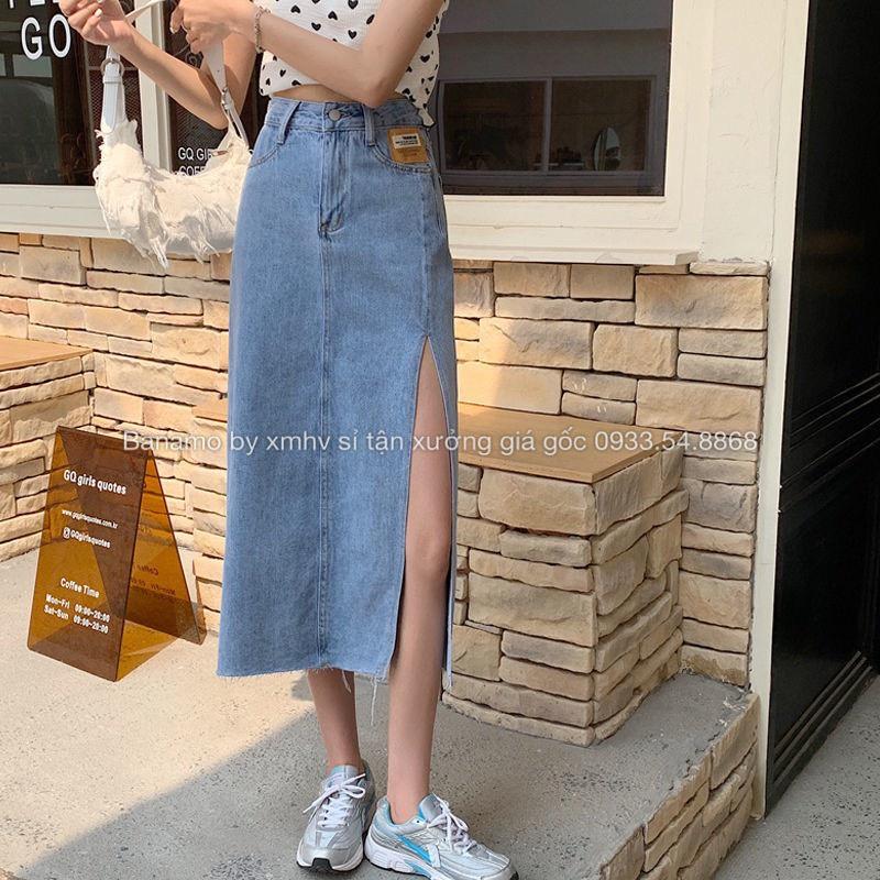 Chân váy jean xẻ đùi Banamo Fashion chân váy bò xẻ tà dáng dài cạp cao phong cách Ulzzang 564