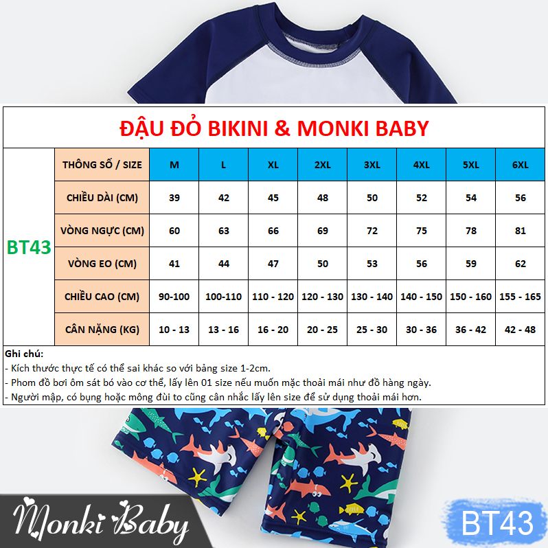 Bộ bơi đẹp cho bé trai kèm mũ, có size lớn từ 10-56kg, chất thun bơi dày dặn, hình in sắc nét | BT43
