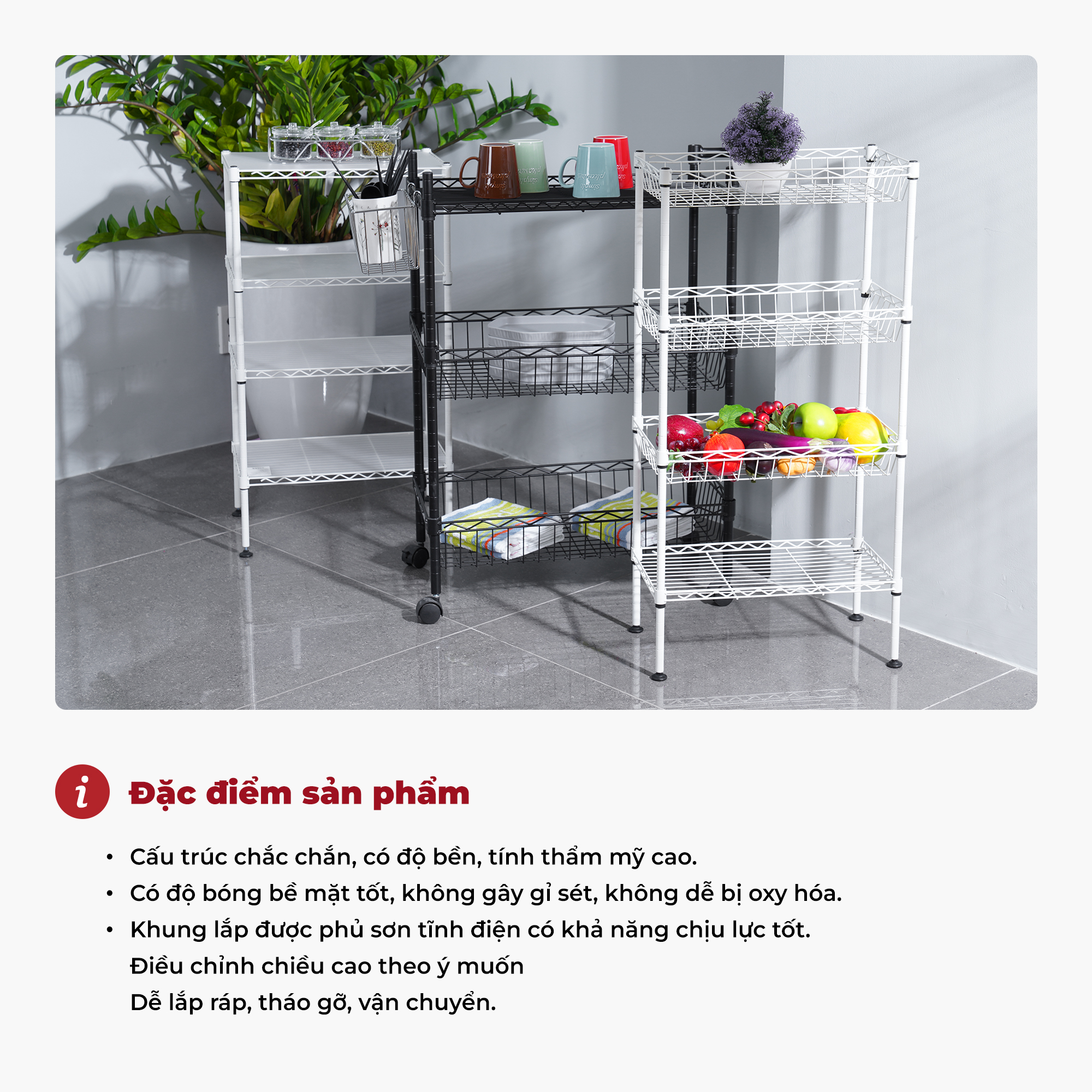 Kệ thép đa năng carbon có bánh xe đẩy 3 tầng dùng trong nhà bếp – màu đen – CJ-B1020B