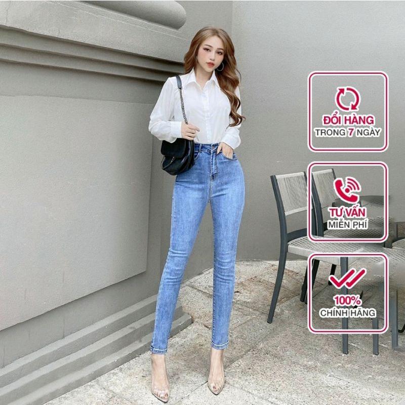 Quần Jeans Nữ Skinny Xanh Trơn Cao Lưng