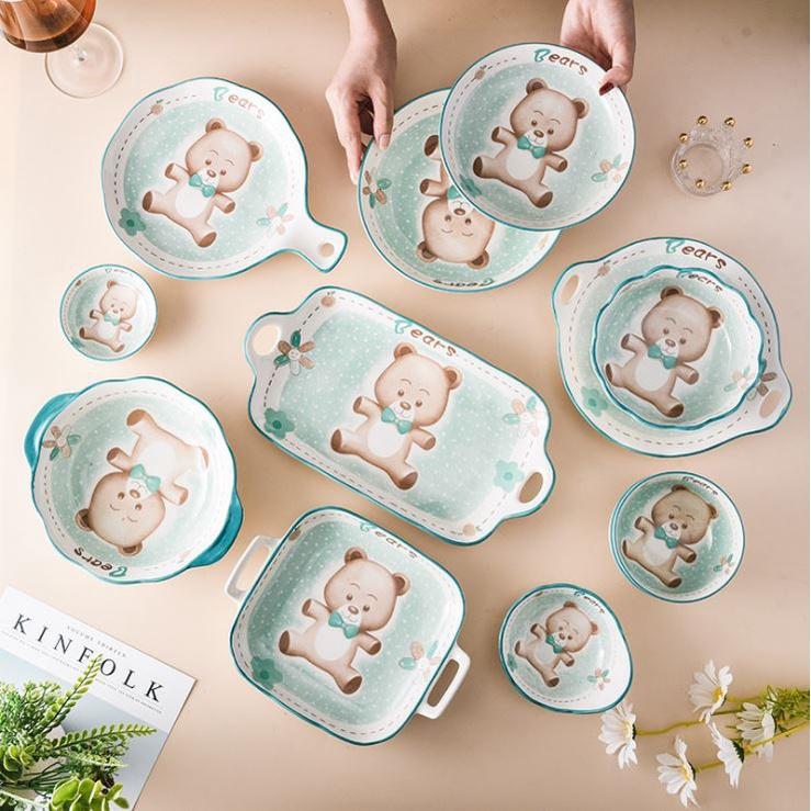 Bộ chén bát sứ, khay sứ Gấu Xanh dễ thương cho bé