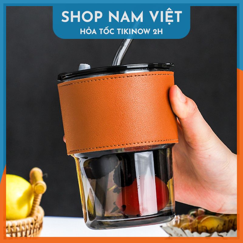 Ly Thủy Tinh 360ml Bọc Da Kèm Ống Hút