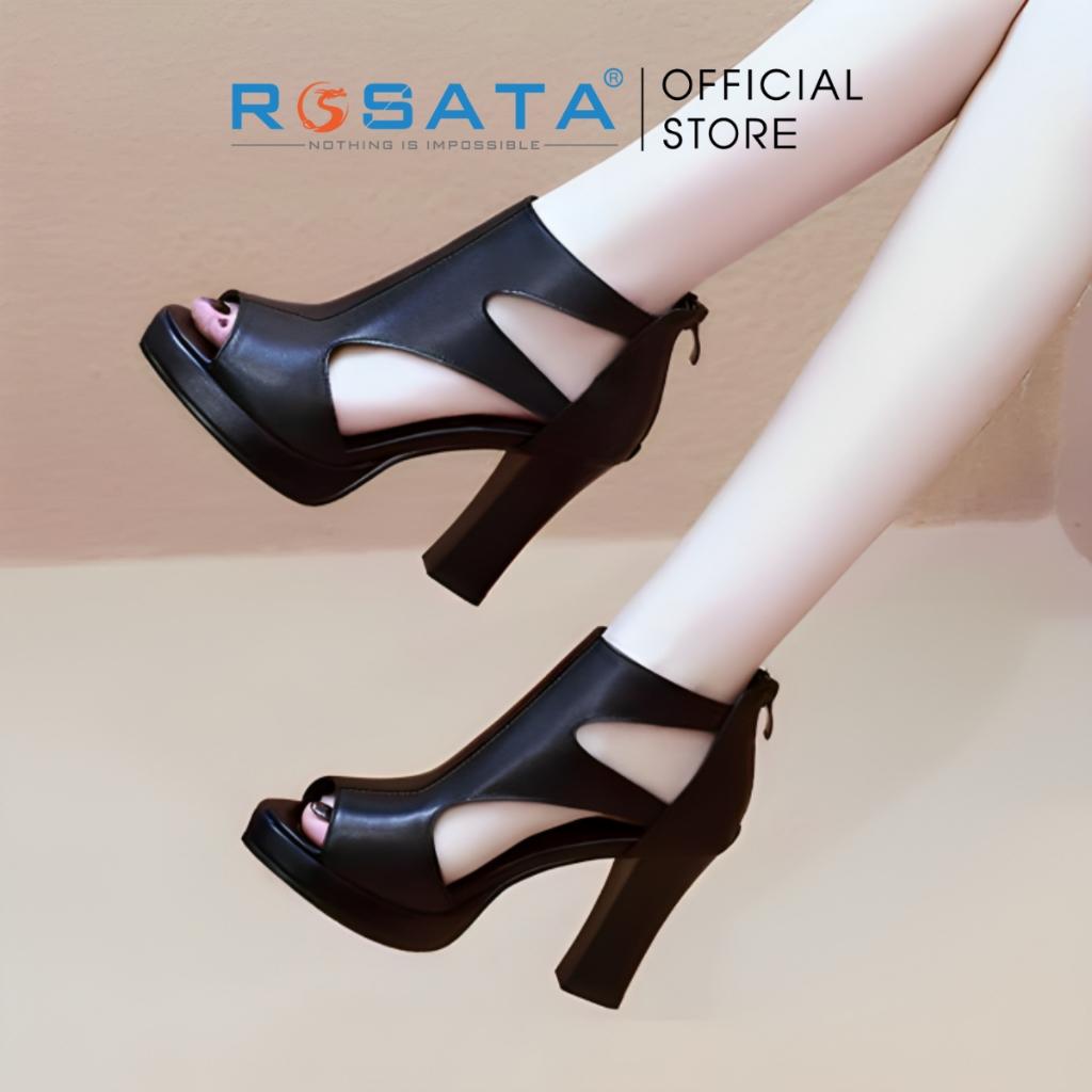 Giày cao gót ROSATA RO322 mũi tròn xỏ ngón kiếu bốt thời trang êm chân khóa kéo gót cao 8cm màu đen xuất xứ Việt Nam - Đen