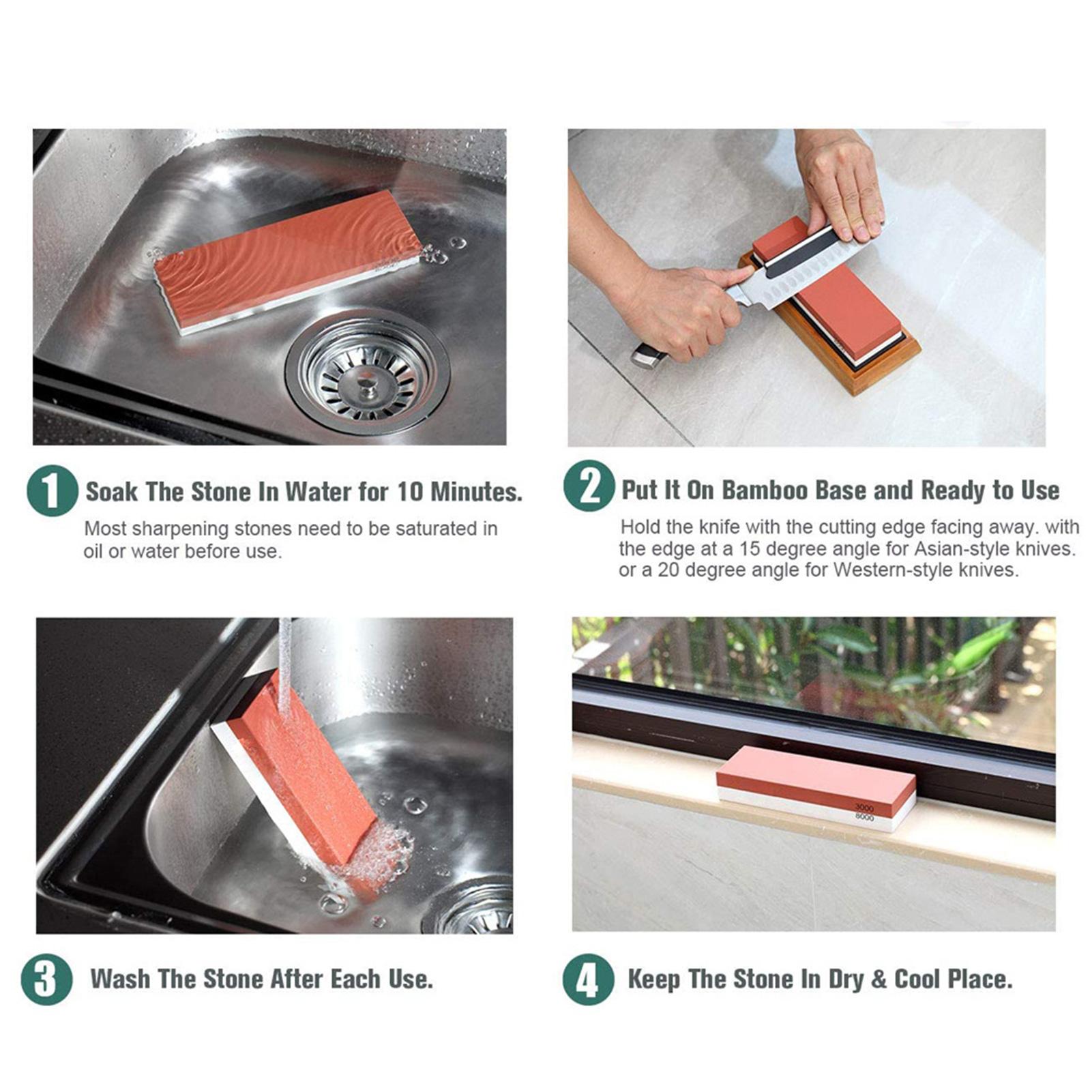 Bộ đá mài 2 mặt 400/1000 3000/80000, gồm giá đỡ bằng silicone, đế tre dây da, đá mài, kẹp góc, bộ dụng cụ chuyên nghiệp cho nhà bếp