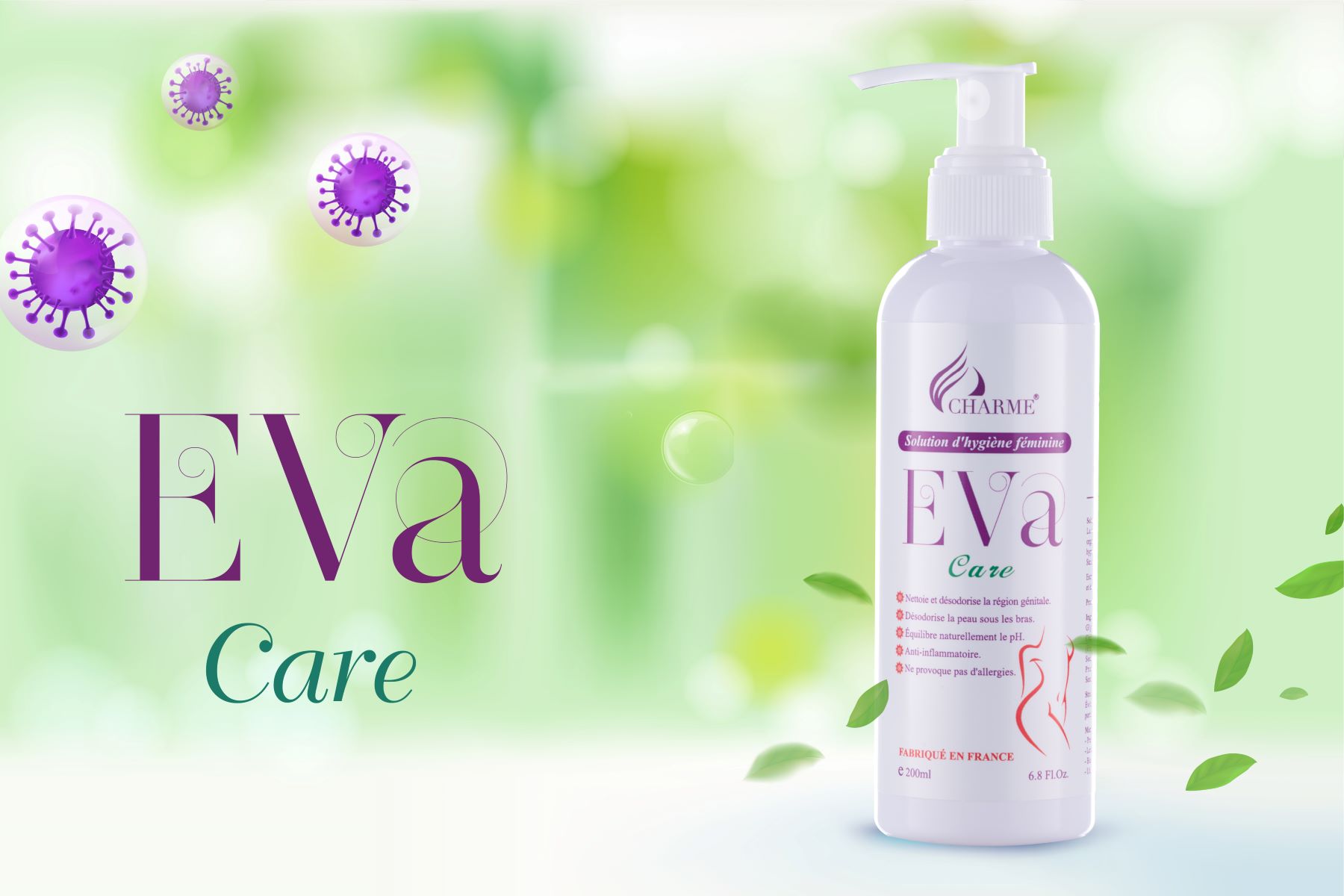 Dung dịch vệ sinh phụ nữ, Charme Eva Care, cân bằng độ pH tự nhiên, không gây kích ứng, 200ml