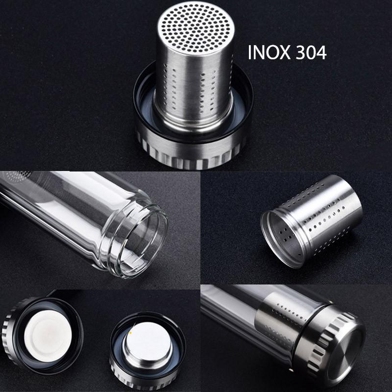 Bình thủy tinh 2 lớp 2 đầu có bộ lọc pha trà nắp có gân chống trơn