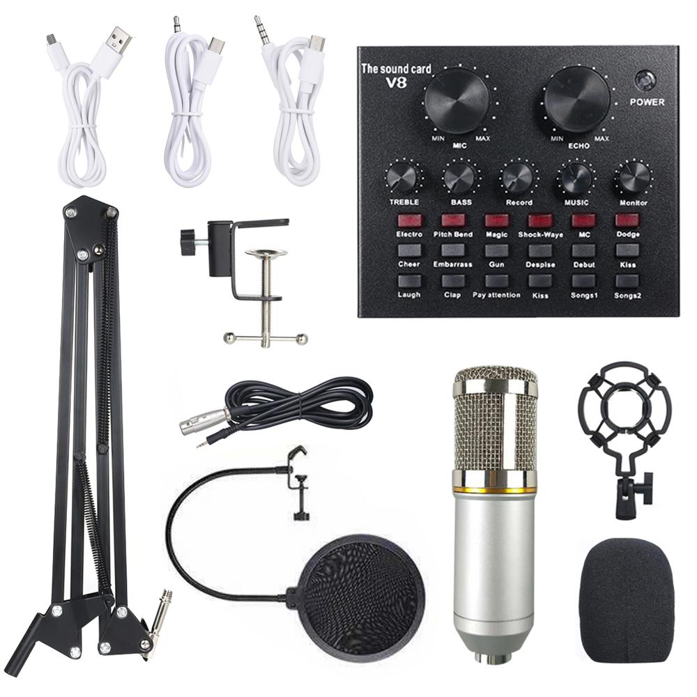 Multifunctional Live Sound Card and Suspension Microphone Kit Broadcasting Recording Condenser Microphone Set Intelligent Audio Mixer Sound Card for Computer PC Live Sound