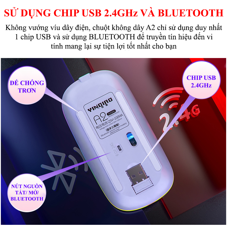 Chuột Không Dây YINDIAO A2 kết nối BLUETOOTH và chip USB 2.4GHz có đèn led 7 màu với nút nhấn không ồn - Hàng Chính Hãng