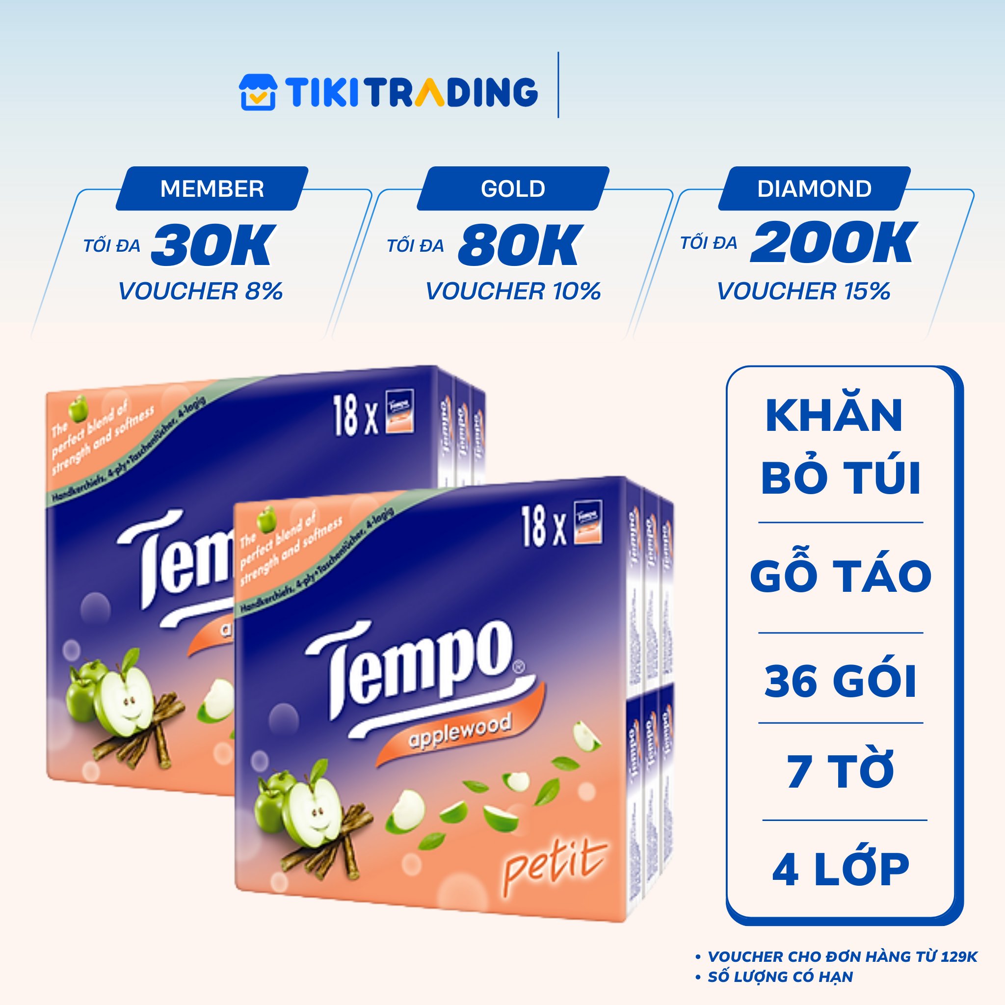 Combo 2 Lốc Khăn Giấy Bỏ Túi Tempo Petit (Lốc 18 Gói) - Gỗ Táo