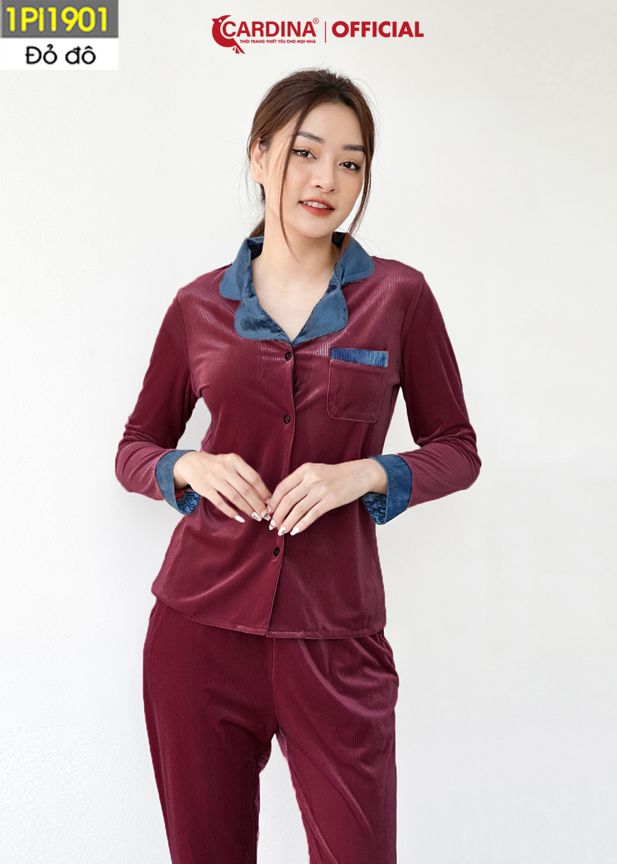 Đồ Bộ Nữ CARDINA Pijama Chất Nhung Tăm Cao Cấp Áo Dài Tay Phối Cổ Quần Dài Kiểu Dáng Sang Trọng 1Pi19
