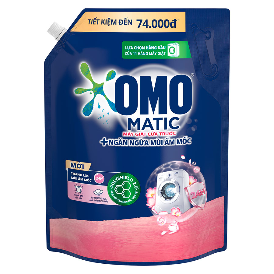 Túi Nước Giặt Omo Matic Cho Máy Giặt Cửa Trước Hương Hoa Anh Thảo - Ngăn Mùi Ẩm Mốc 4.1KG