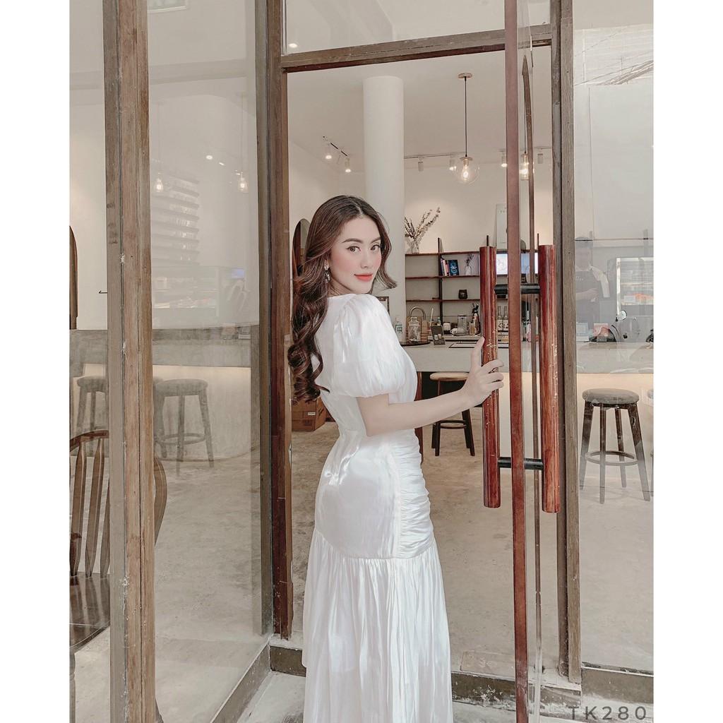 Váy trắng dự tiệc chất liệu tơ sống may 2 lớp dày dặn