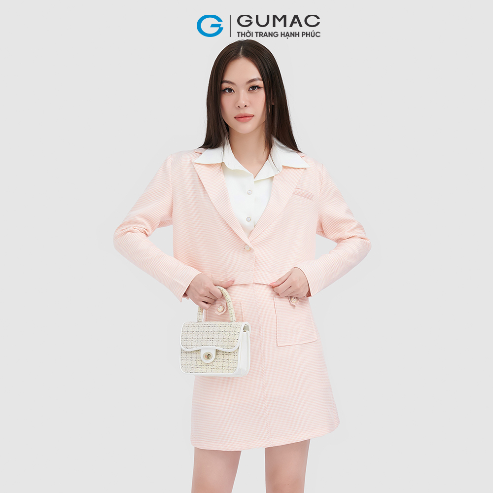 Áo blazer lửng GUMAC AC10081 cài nút họa tiết caro