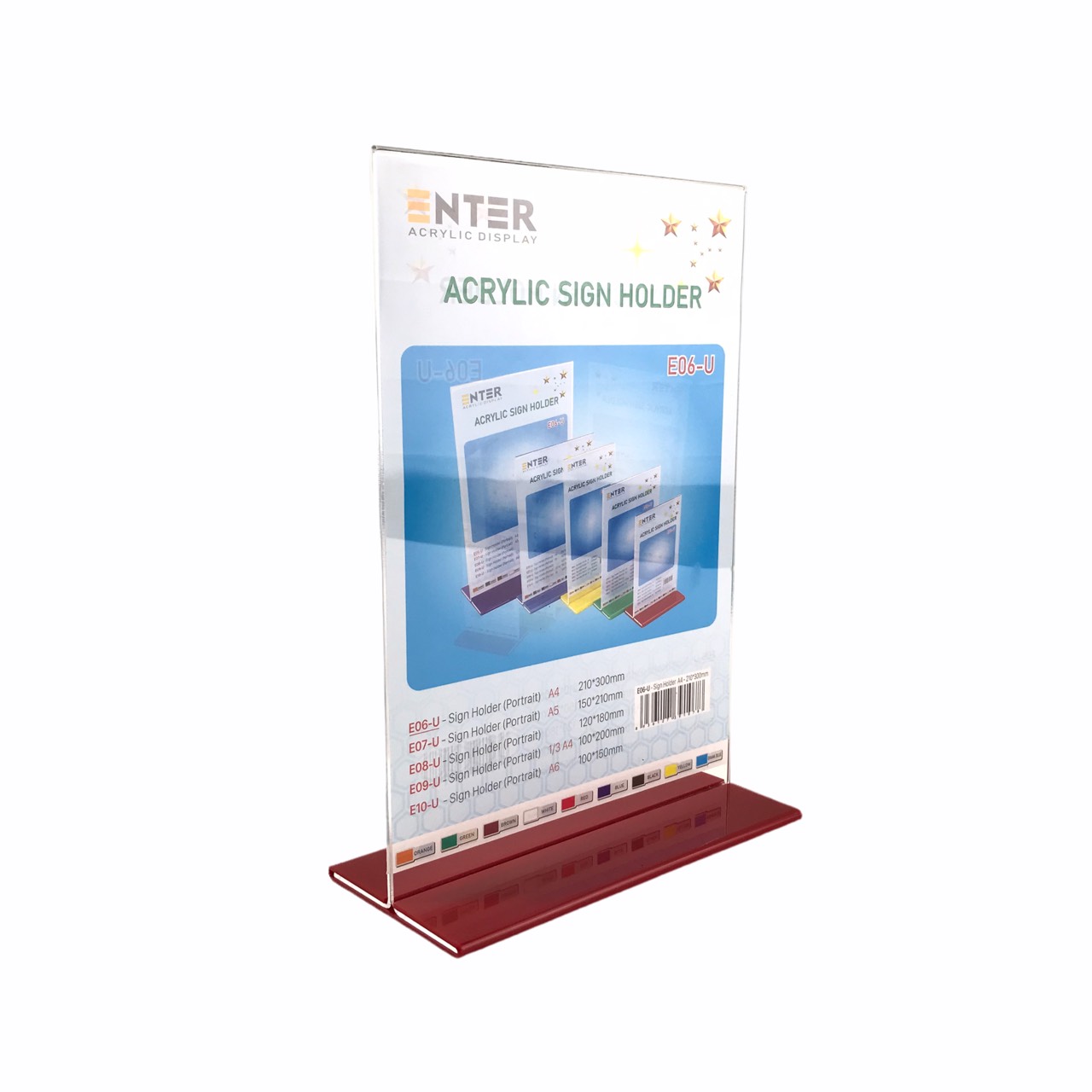 Kệ menu nhà hàng, Standee mica để bàn, Bảng quét mã QR Code, Kệ mica 2 mặt Enter E06-U 210x300mm đế lùa uốn bằng