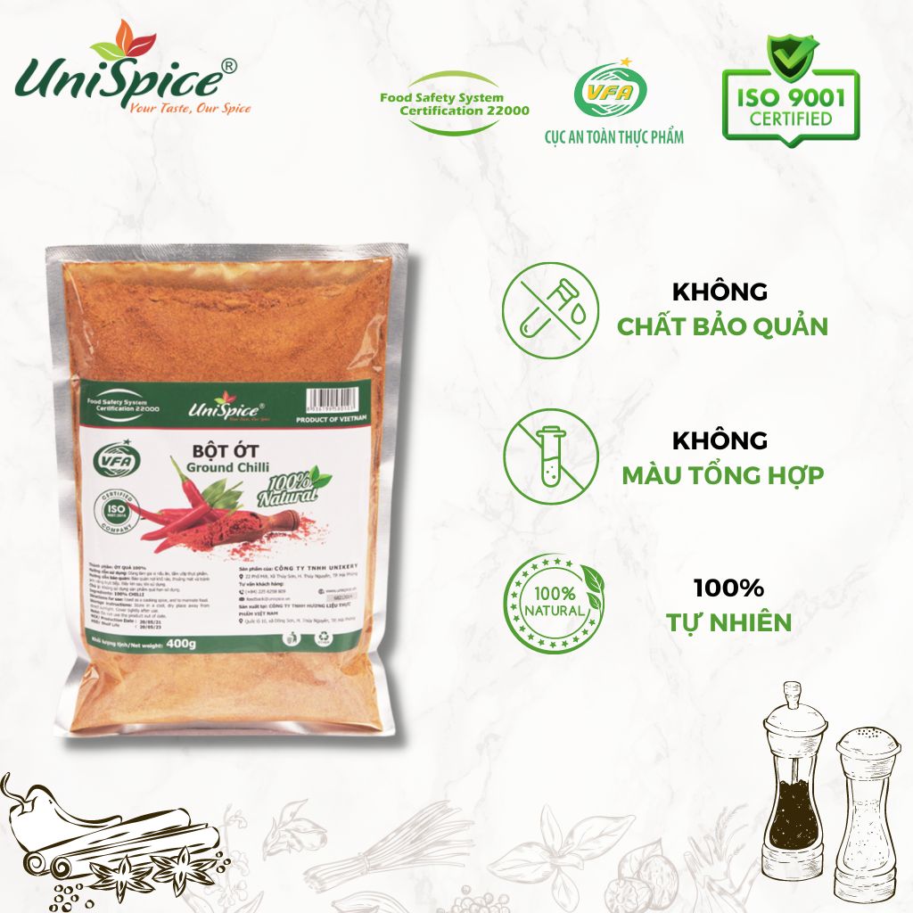 Bột ớt Unispice túi/gói 400gr- Gia vị tự nhiên/ Ớt bột nghiền siêu cay