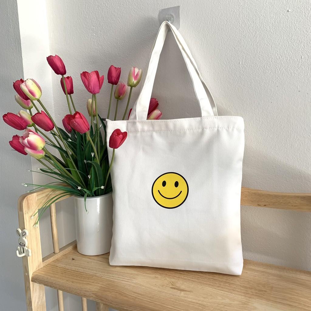 (New) TÚI TOTE VẢI CANVAS IN CHỮ + BIỂU TƯỢNG CÓ KHOÁ KÉO MIÊNG TÚI, TÚI PHỤ