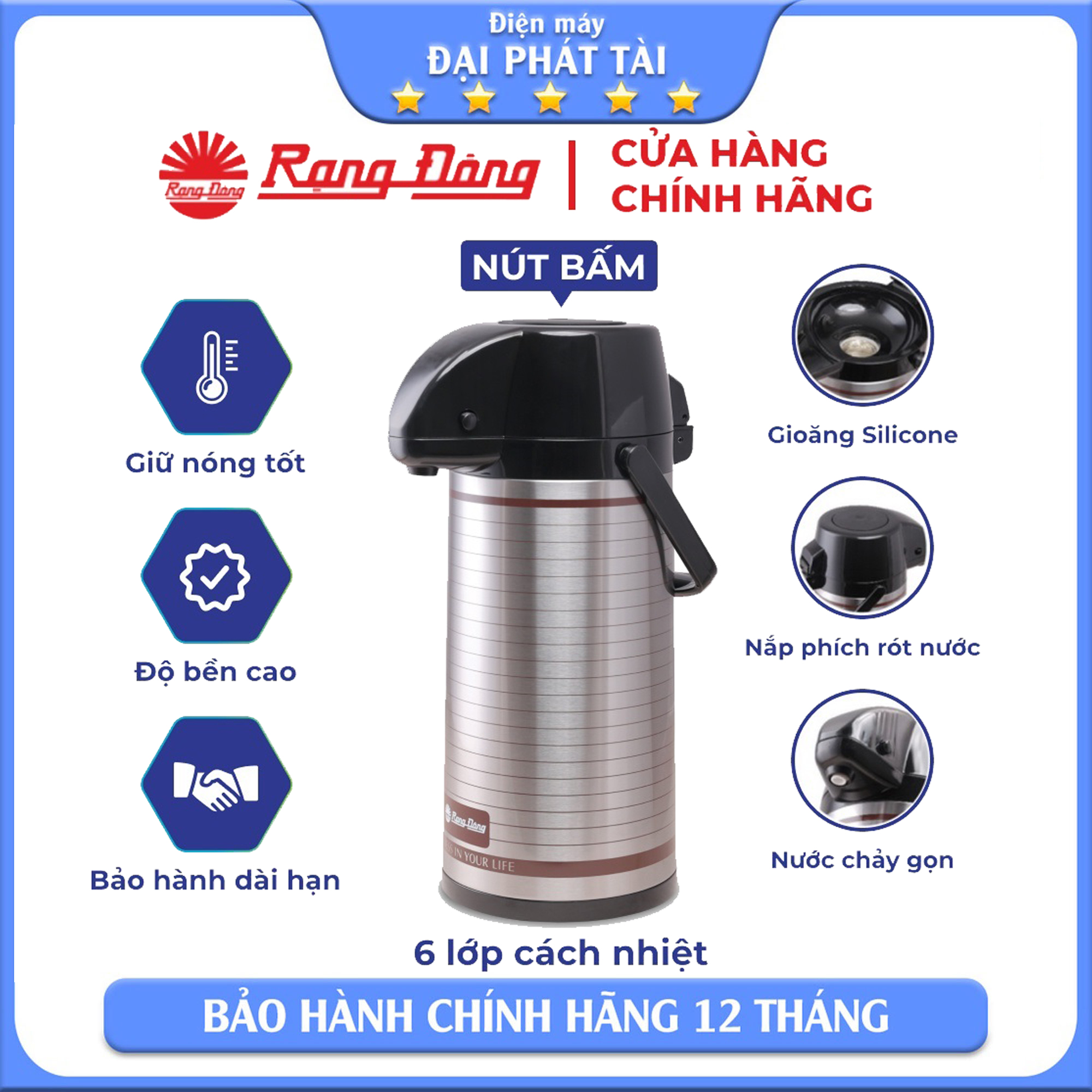 Phích đựng nước Rạng Đông nút bấm 2 lít Model: RD-2045ST3.E