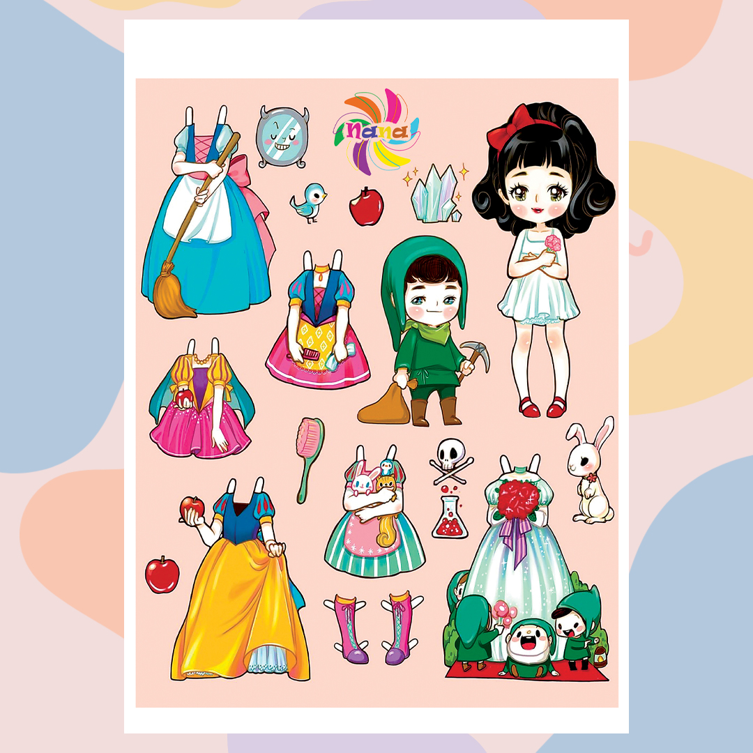 Búp bê giấy Chibi các nàng công chúa cổ tích đồ chơi cắt thủ công cho bé Combo 7 hình siêu đáng yêu BBG002