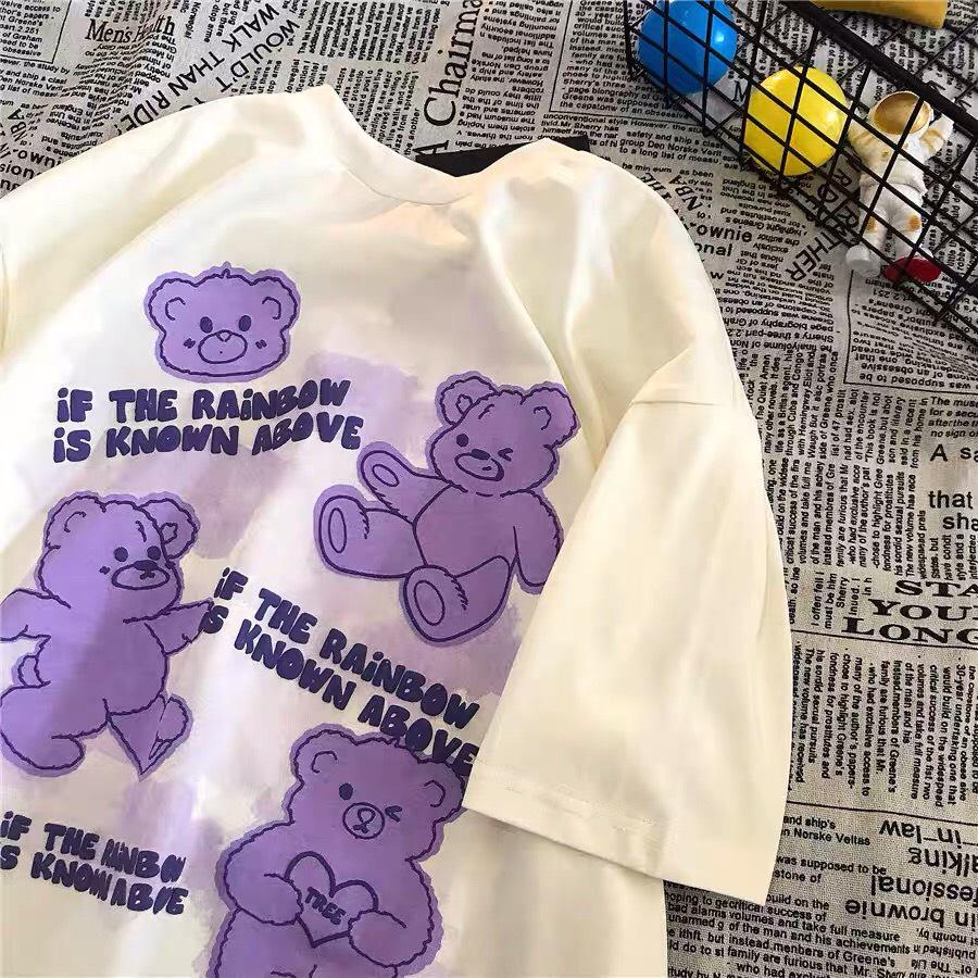 Áo thun tay lỡ form rộng - phông nam nữ cotton oversize - T shirt Gấu rainbow - 2N Unisex