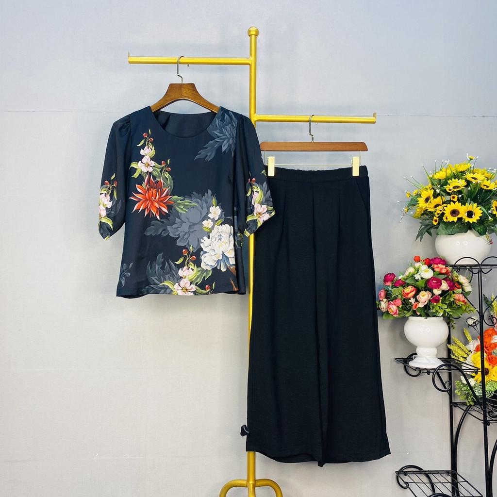 Áo kiểu trung niên cao cấp Cát Tường D6 màu đen- Áo hoa cho mẹ , cho bà - Thời trang Cát Tường Bigsize