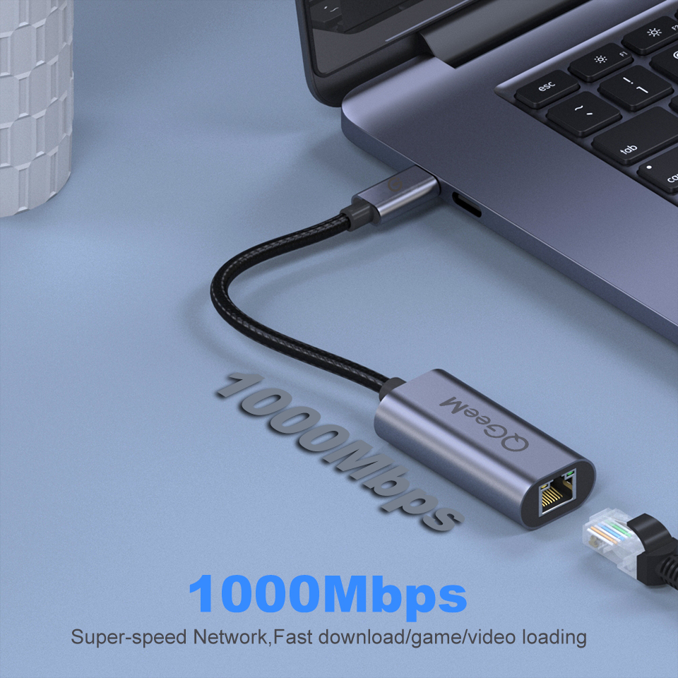 Bộ chuyển đổi QGeeM USB C sang Ethernet, cáp chuyển đổi Type C sang Gigabit Ethernet, Thunderbolt 3 sang RJ45 cho MacBook Pro, RJ45 sang USB C-Hàng Chính Hãng