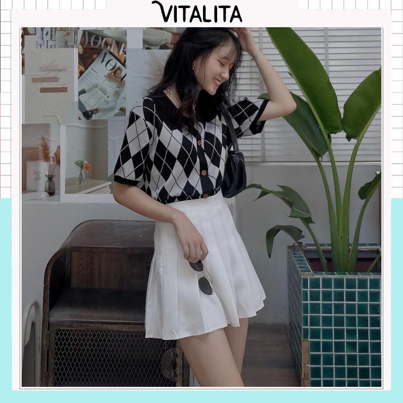 Áo len Croptop tay ngắn cổ bẻ kẻ sọc phong cách Hàn Quốc - Vitalita.cloth