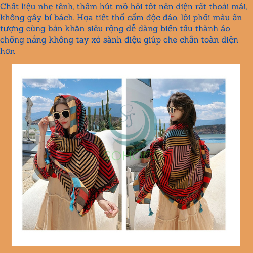 - Khăn choàng boho đi biển thổ cẩm nữ 180x90cm -Khăn quàng cổ du lịch mùa hè che nắng, khăn cotton khổ lớn