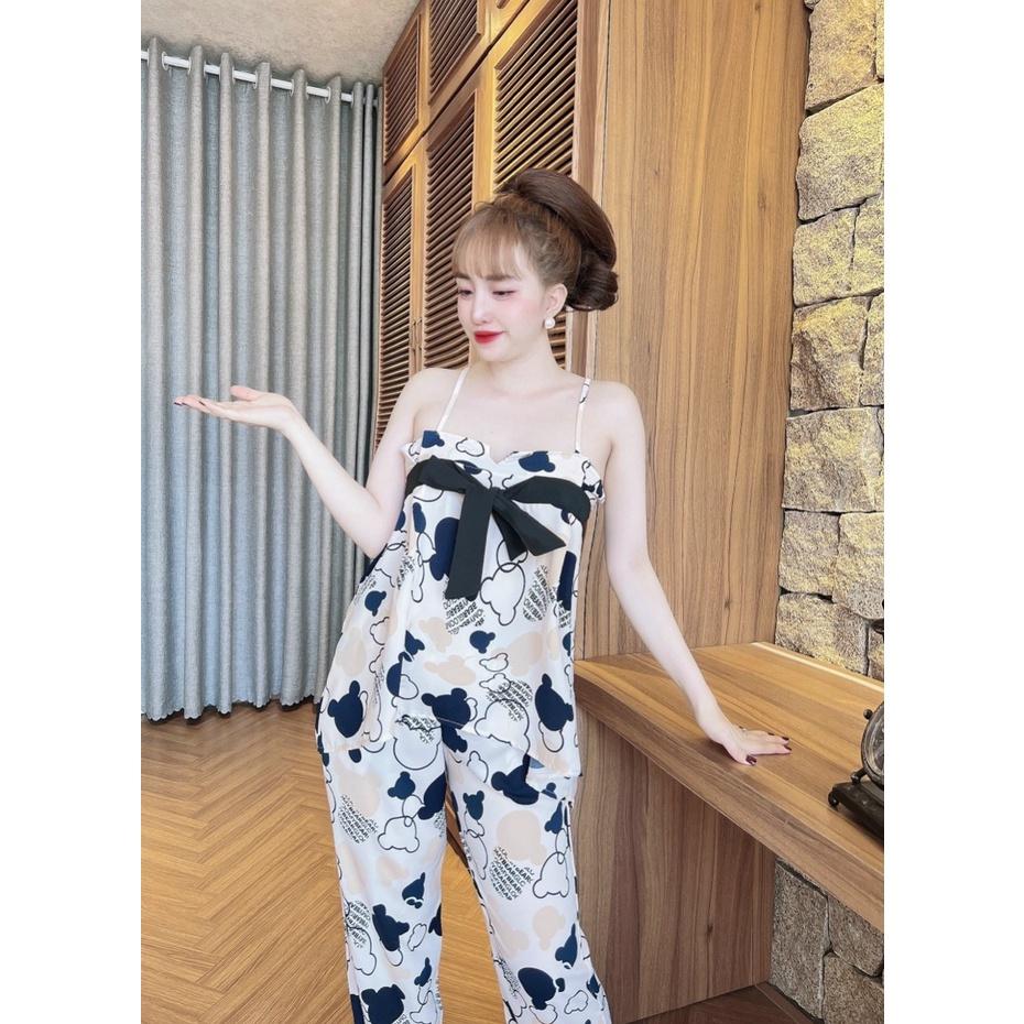 ĐỒ BỘ QUẦN DÀI Sét đồ ngủ hai dây áo nơ lụa satin quần dài lua cao cấp freesize 58kg