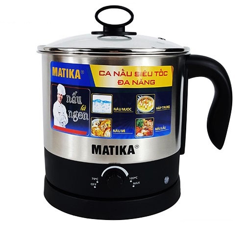 Ca nấu đa năng 600W, 1.6L, lòng inox 304 Matika MTK-1612 dùng để nấu mì, luộc trứng, nấu lẩu, thích hợp nấu ăn văn phòng-HÀng chính hãng