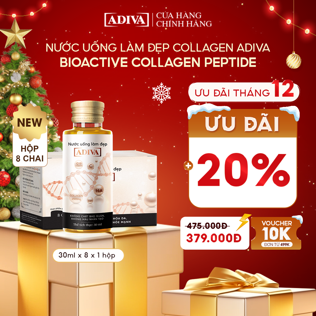 Nước Uống Làm Đẹp Collagen ADIVA (8 Chai/Hộp)- Giúp Làn Da Săn Chắc, Ảm Mịn Và Căng Bóng