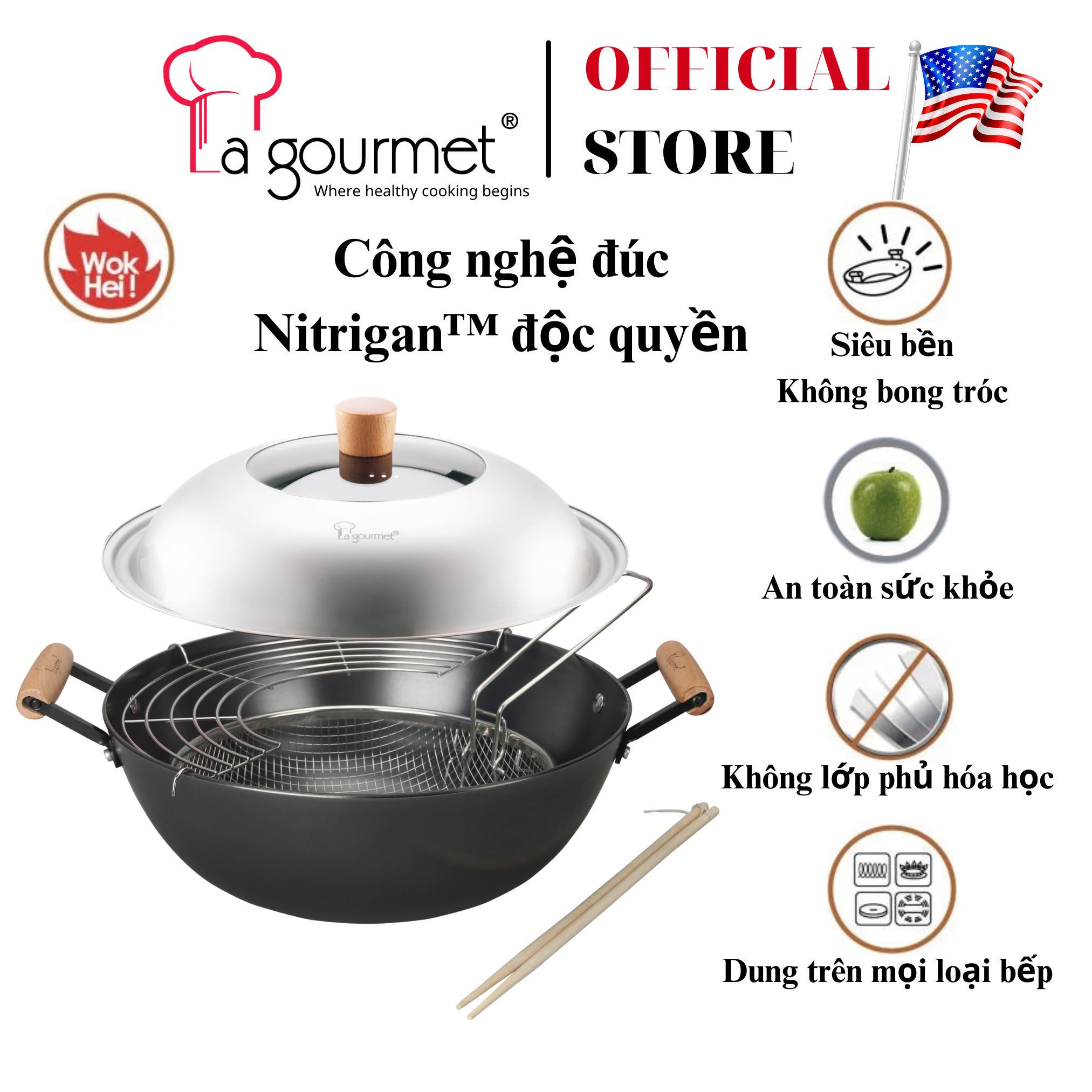 Chảo gang đúc công nghệ mới La gourmet Nitrigan™ 34cm lòng sâu 7L - 400543 (tốt cho sức khỏe, siêu bền)