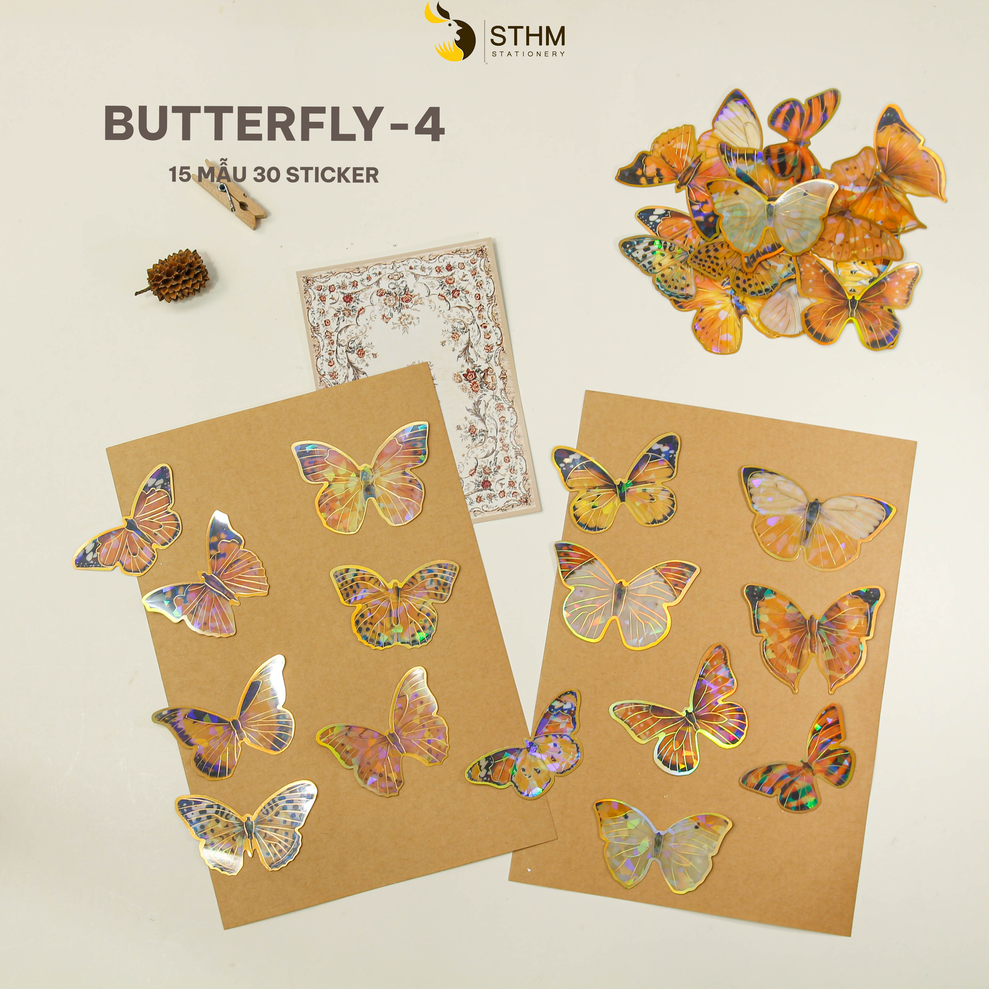 Sticker xấp 40 tờ - 20 mẫu có ánh kim - Phụ kiện trang trí sổ tay vintage - STHM stationery